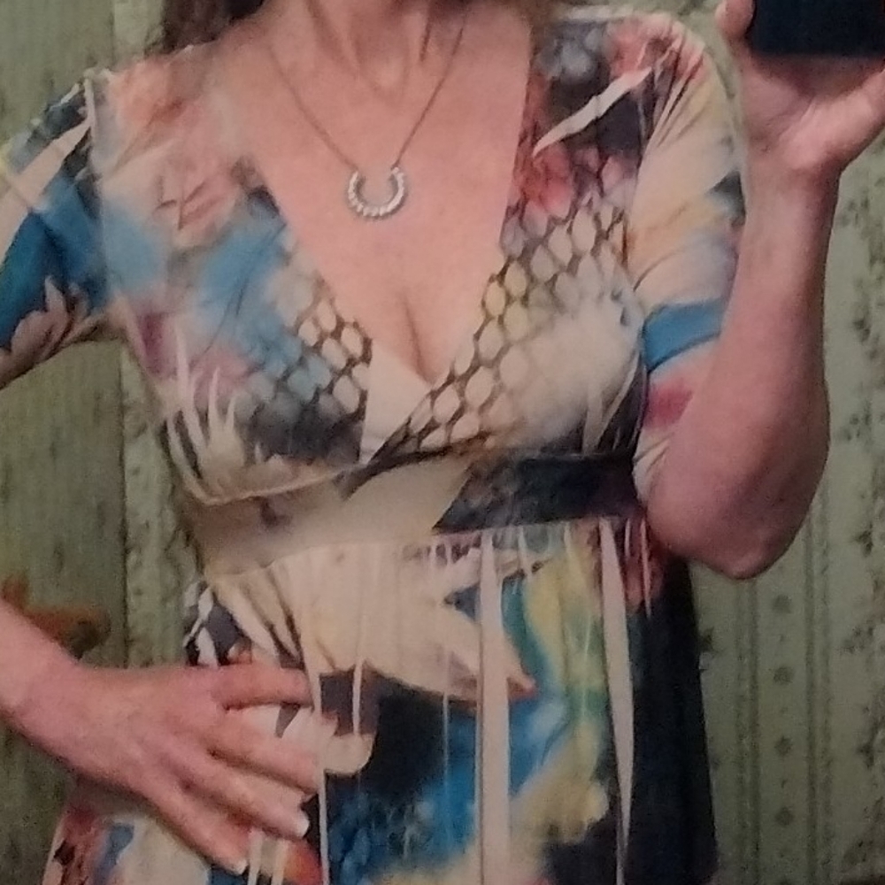 Lipstick Dress Low Cut Overlapping V-Neck Size Med, Elbow Length Sleeves Exotic - Picture 5 of 12
